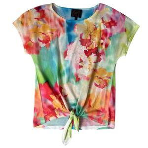 French Blue Shirt Womens Size Small Colorful Tie‎ Dye Beaded Boho Chic Hippie